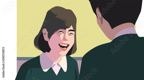Asian teen girl smiling in uniform with male classmate