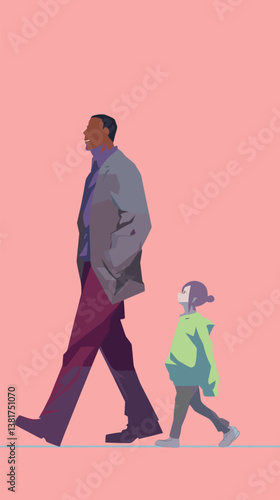 African male adult and young female child walking on minimal pink background