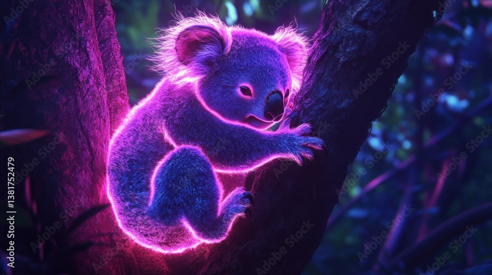 Glowing neon koala clinging to a tree branch in a vibrant futuristic setting