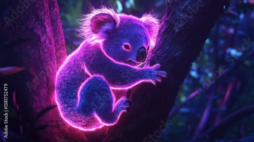 Obraz na płótnie Glowing neon koala clinging to a tree branch in a vibrant futuristic setting w salonie
