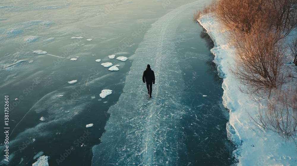 Solitary Journey: A lone figure traverses frozen expanses in winter landscape