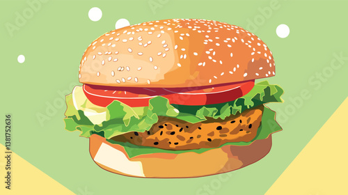 Delicious vegetarian burger with fresh lettuce and tomato on a sesame seed bun