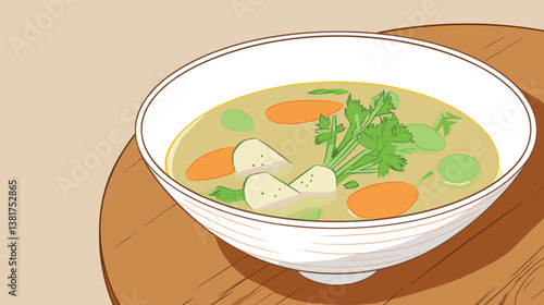 Delicious bowl of chicken soup with vegetables on wooden table