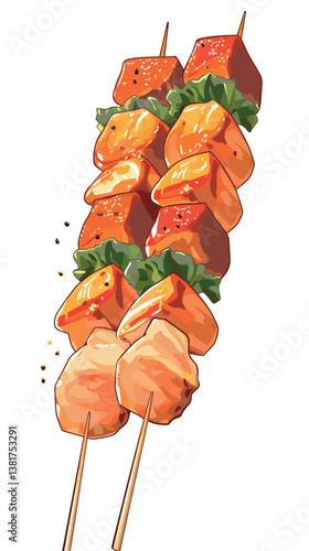 Grilled meat and vegetable skewers on wooden sticks