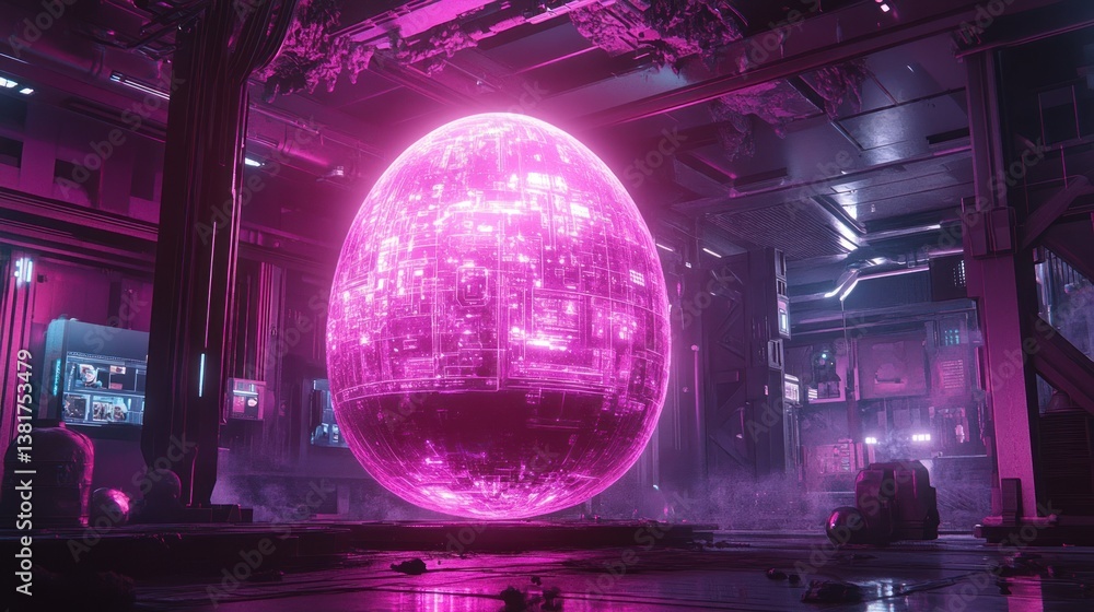 Futuristic artifact sphere with glowing magenta patterns in a cyberpunk setting