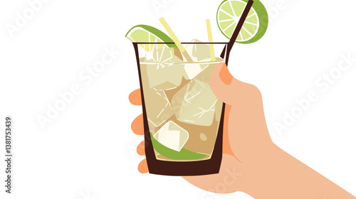 Hand holding refreshing iced cocktail with lime slice
