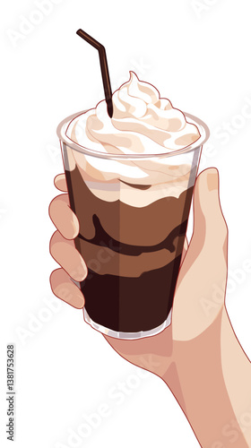 Iced coffee with whipped cream in hand