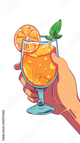Hand holding a refreshing citrus cocktail with orange slice and mint in a glass