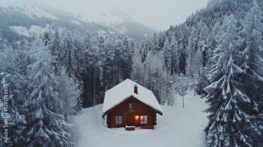 Idyllic Winter Cabin Retreat Surrounded by Snow-Covered Forest Landscape