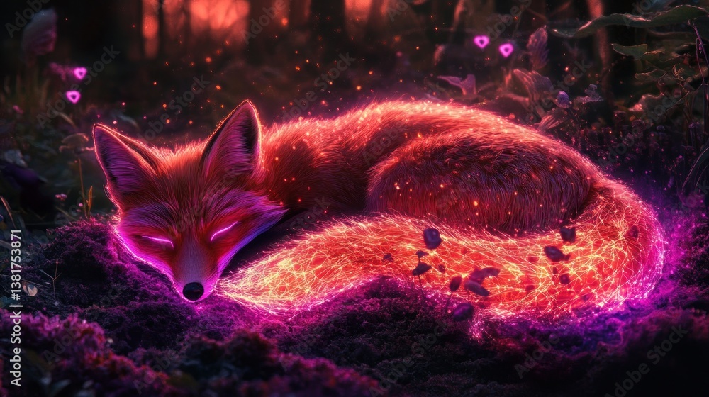Dreamlike Glowing Neon Fox Curled in a Cybernetic Forest amidst Floating Hearts