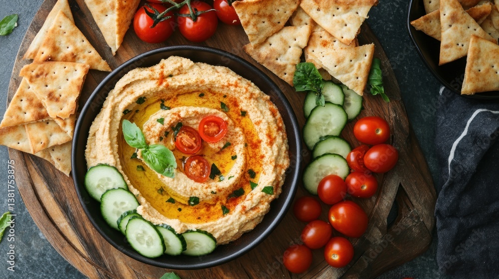 Appetizing hummus platter with fresh vegetables and crispy crackers, close-up