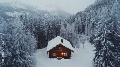 Obraz na płótnie Idyllic Winter Cabin Retreat Surrounded by Snow-Covered Forest Landscape w salonie