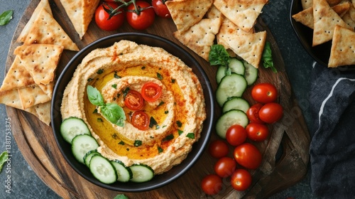 Obraz na płótnie Appetizing hummus platter with fresh vegetables and crispy crackers, close-up w salonie
