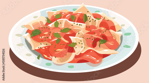 Delicious plate of italian ravioli with tomato sauce and basil