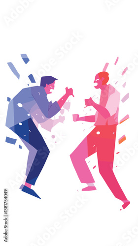 Abstract illustration of two men in conflict with dynamic shapes