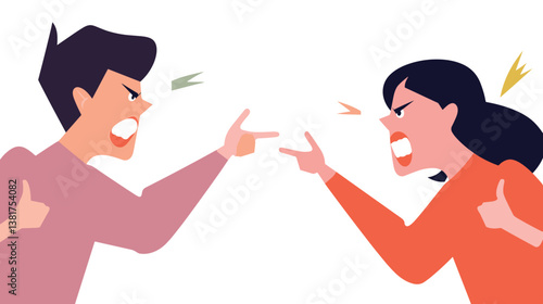 Animated argument between young asian male and female characters with angry gestures