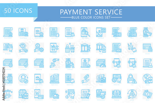 Payment service blue dual tone icons set. contain balance, account, charge, pay, bill, checkout, invoice, fee, card and more. Vector for finance, economy, business UI, UX kit, web and app development.