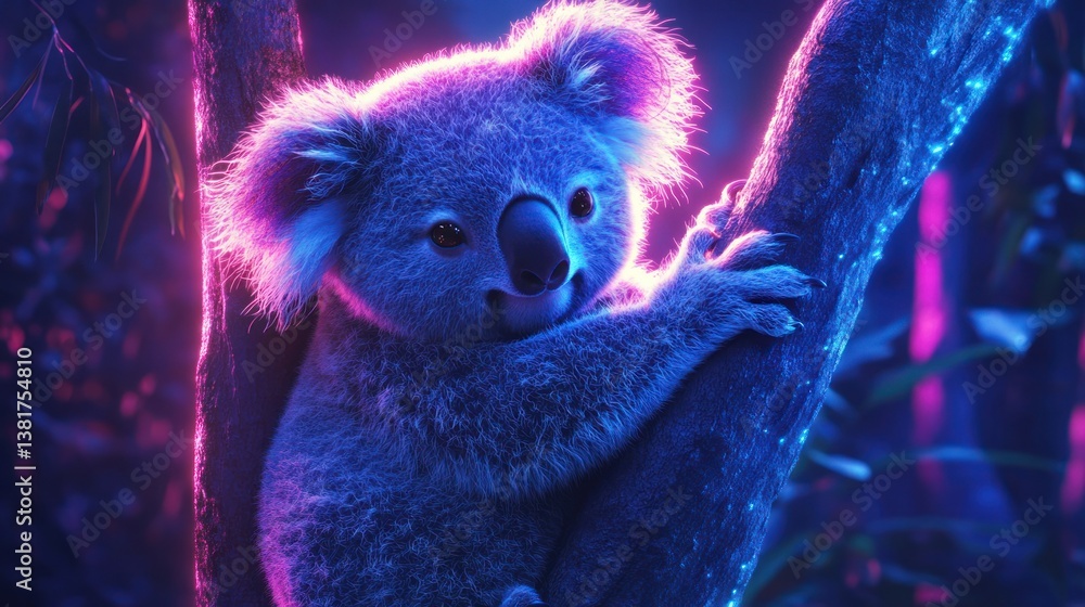 Vibrant Neon Koala Embrace a Tree in the futuristic Glowing Ambiance