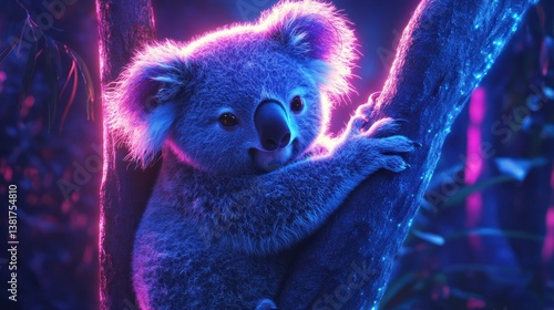 Obraz na płótnie Vibrant Neon Koala Embrace a Tree in the futuristic Glowing Ambiance w salonie
