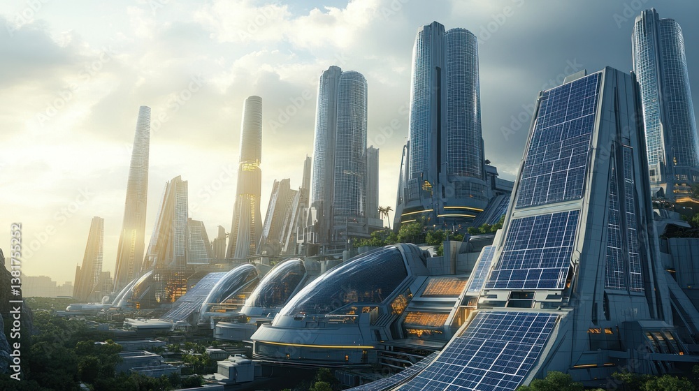 Futuristic cityscape with solar panels reflecting a sustainable and ecological future