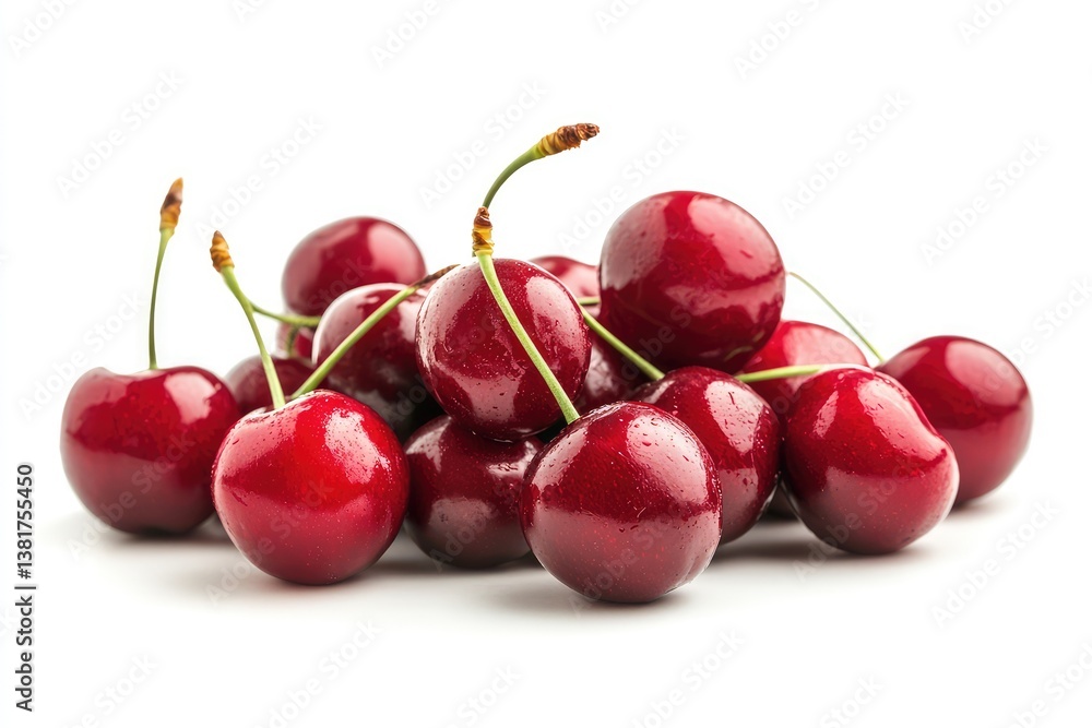 Red cherries isolated on white background. AI generated illustration. Red cherries isolated on white background. AI generated illustration.
