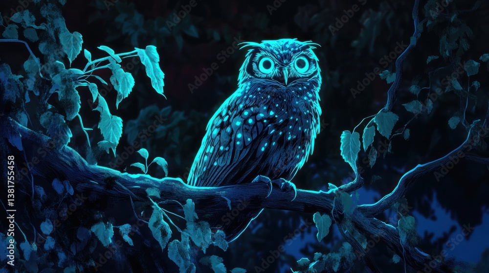 Luminous owl perched on a branch in a digitally created mysterious forest