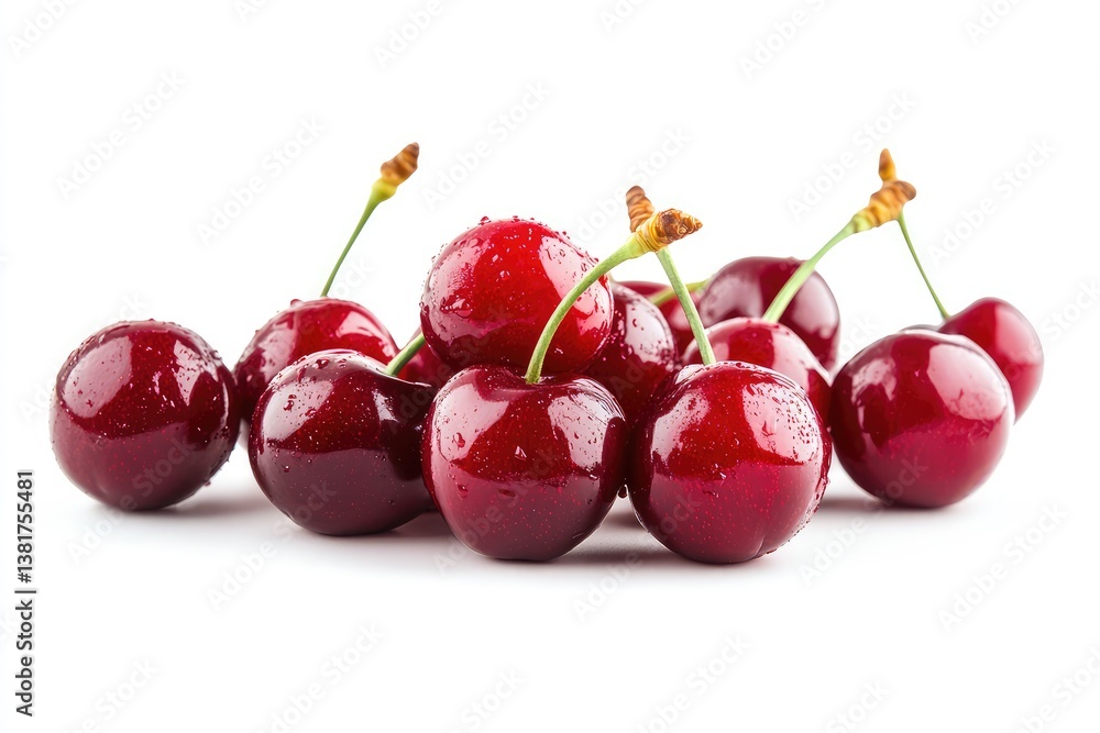 Red cherries isolated on white background. AI generated illustration. Red cherries isolated on white background. AI generated illustration.