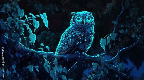 Obraz na płótnie Luminous owl perched on a branch in a digitally created mysterious forest w salonie