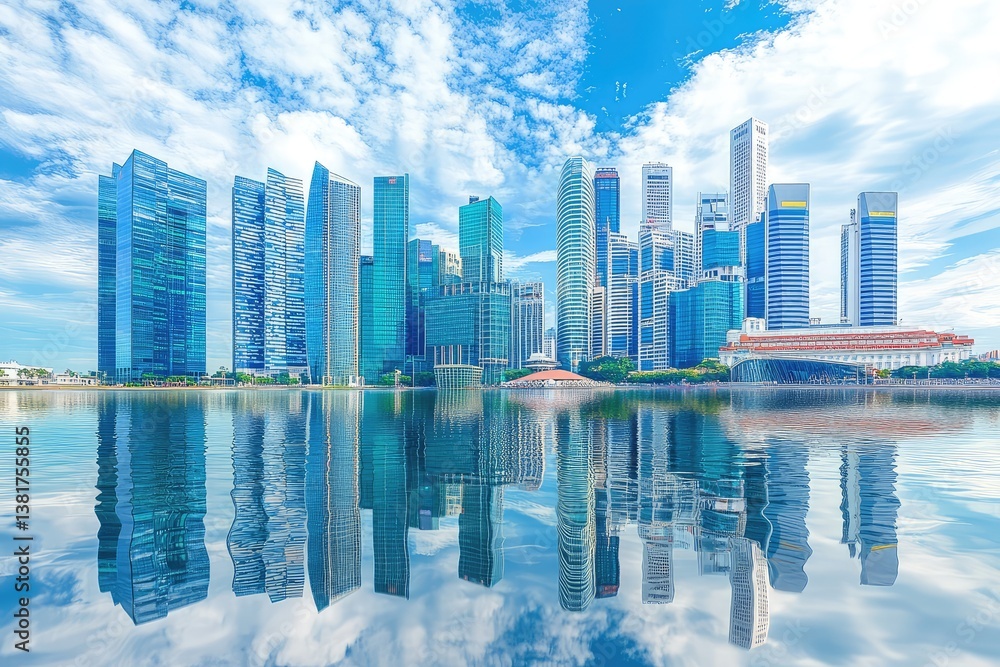 Fototapeta premium Reflective skyscrapers and business office buildings. AI generated illustration.