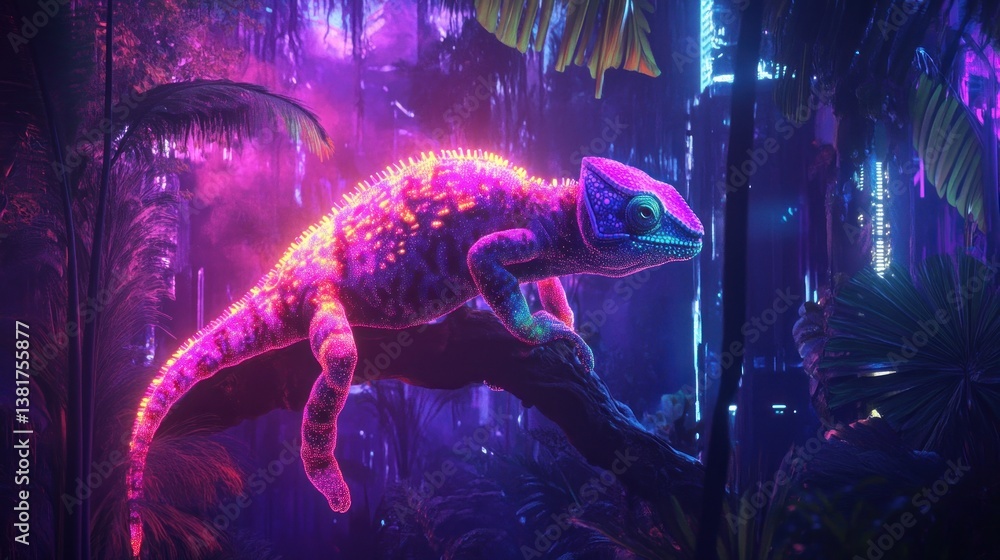 Luminous chameleon basking in vibrant neon lights within lush rainforest scenery