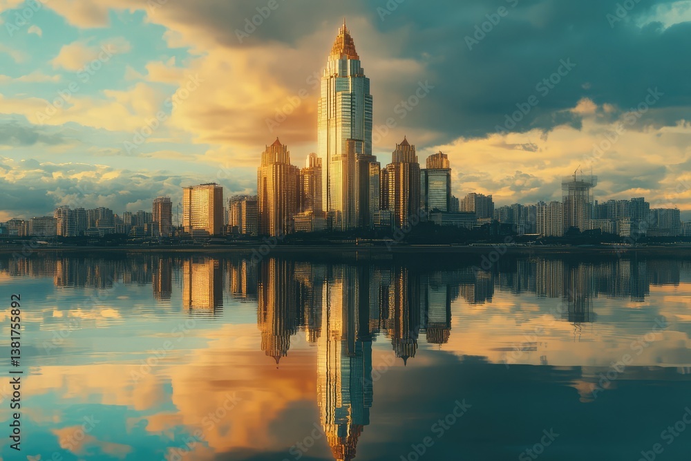 Fototapeta premium Reflective skyscrapers and business office buildings. AI generated illustration.