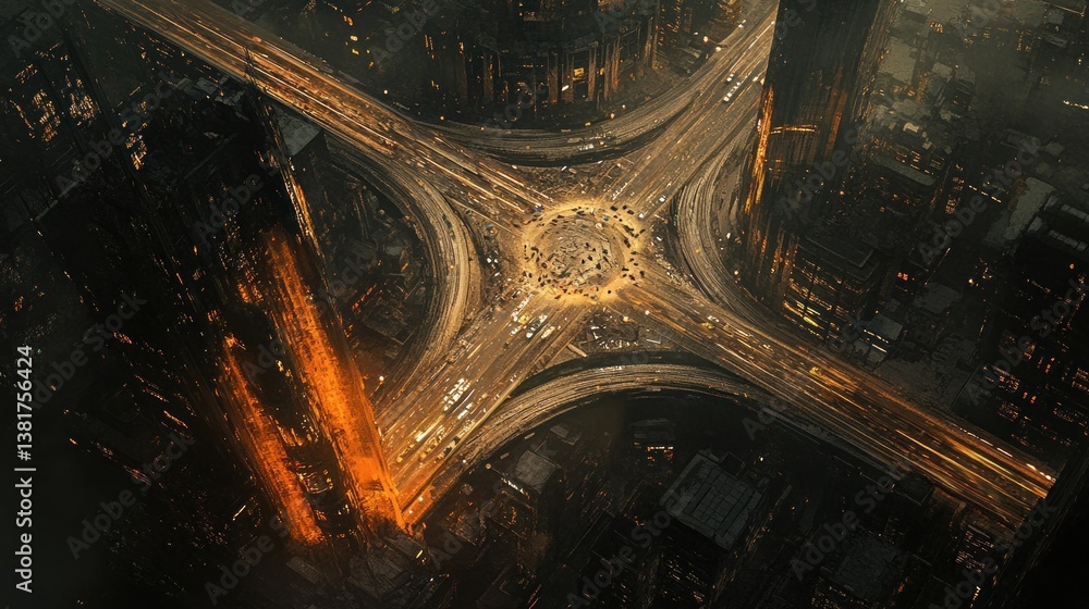 Dramatic aerial view of a complex highway interchange at night, with light trails