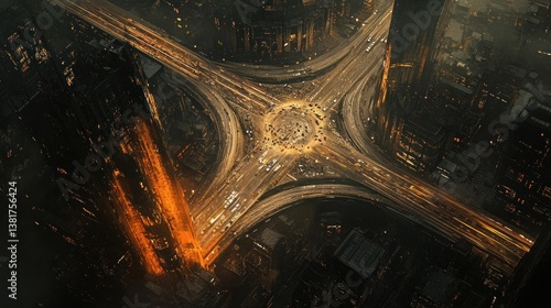 Obraz na płótnie Dramatic aerial view of a complex highway interchange at night, with light trails w salonie