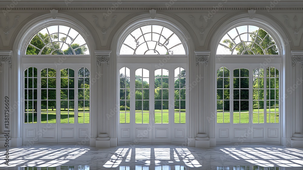 An elegant interior with large arched windows overlooking a landscape An elegant interior with large arched windows overlooking a landscape