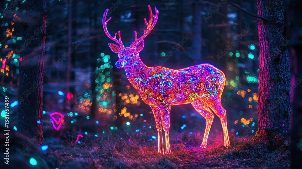 Glowing Enchanted Forest Scene with a Neon Deer Standing Still at Night