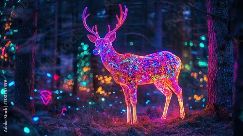 Obraz na płótnie Glowing Enchanted Forest Scene with a Neon Deer Standing Still at Night w salonie