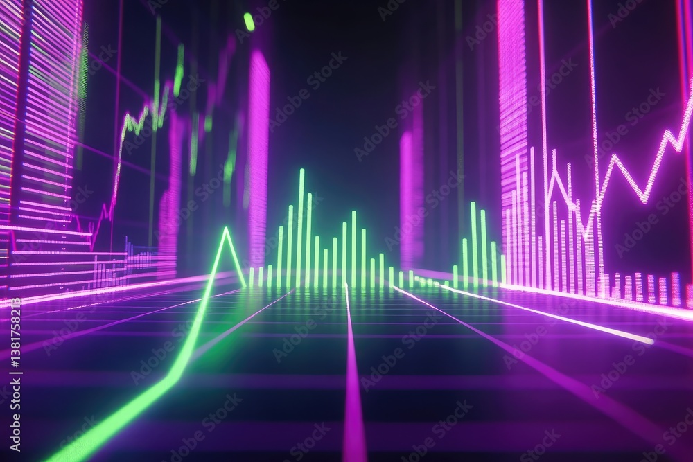 Rising financial graph in glowing neon grid. AI generated illustration. Rising financial graph in glowing neon grid. AI generated illustration.
