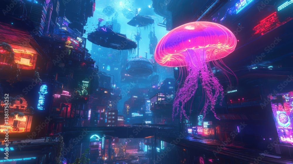 Surreal cyberpunk cityscape featuring giant neon jellyfish floating through vibrant city