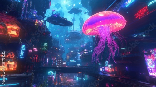 Obraz na płótnie Surreal cyberpunk cityscape featuring giant neon jellyfish floating through vibrant city w salonie