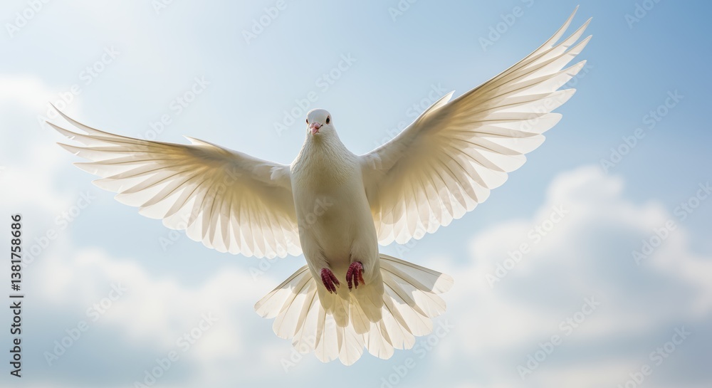 Obraz premium A magnificent white dove in mid-flight, wings spread wide against a serene blue sky, symbolizing peace and freedom. Perfect for themes of tranquility and hope.