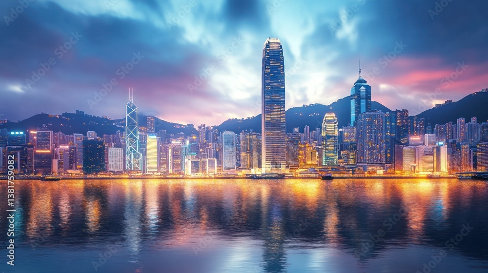 Captivating cityscape reflecting in the water at twilight in a modern city
