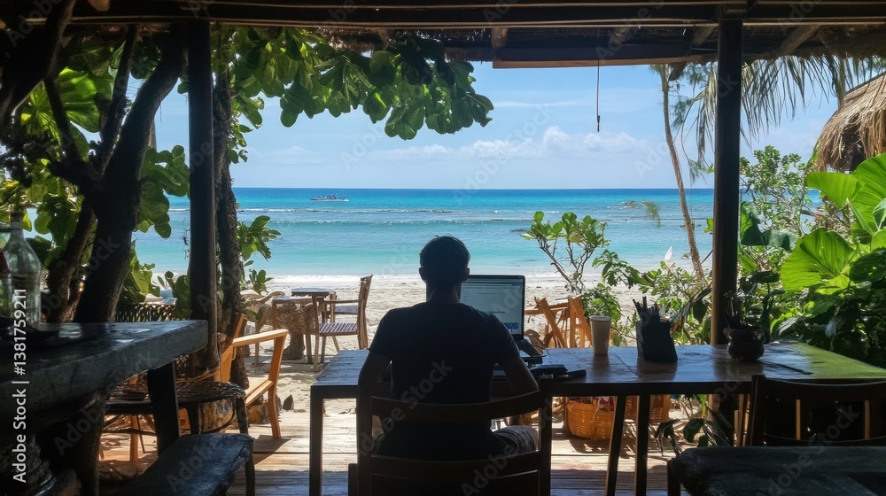 Digital nomad lifestyle: Remote worker with laptop at tropical beach cabin scene