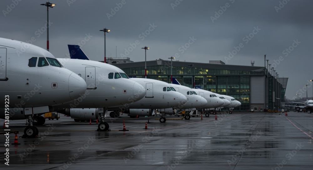 A lineup of parked white aircraft on a wet tarmac under a cloudy sky, with a visible airport terminal, capturing the essence of travel and aviation. A lineup of parked white aircraft on a wet tarmac under a cloudy sky, with a visible airport terminal, capturing the essence of travel and aviation.