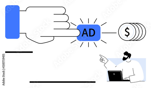 Hand taps ad button with glowing effect leading to coins, person with laptop observes. Ideal for marketing, advertisement, revenue, pay-per-click, digital strategy, monetization user behavior. Flat