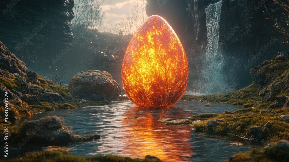Enigmatic luminous egg nestled in a fantastical waterside landscape with mystic aura