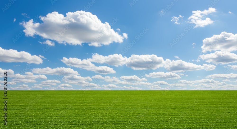 Fototapeta premium A vast sea of green grass stretches under a bright blue sky with fluffy clouds, creating a serene landscape that's perfect for nature lovers and outdoor enthusiasts.
