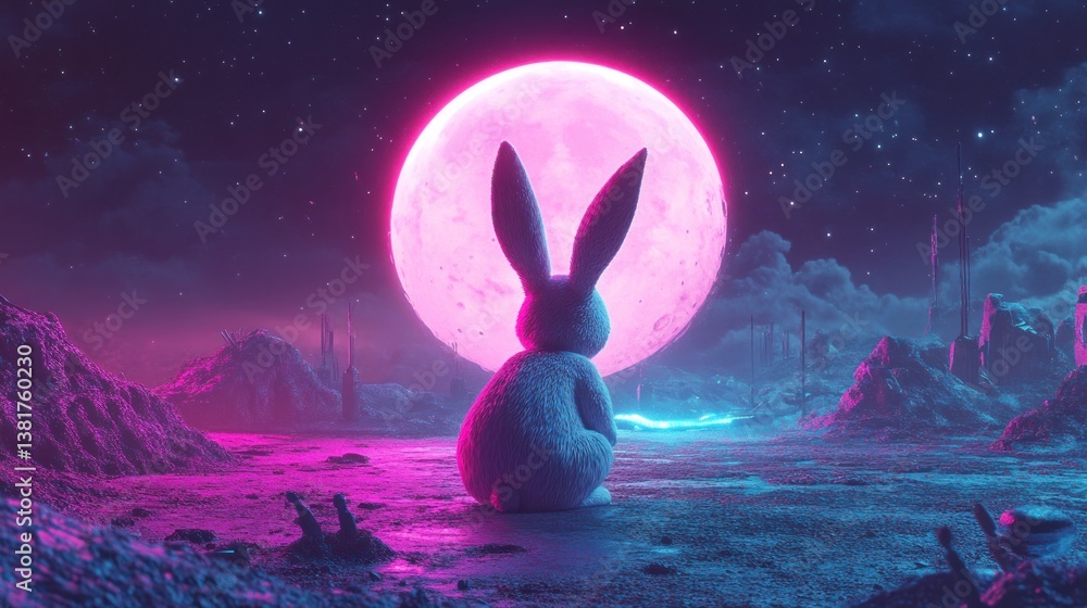 Cyberpunk Easter: 3D Sci-Fi Bunny Gazing at a Luminous Pink Supermoon Landscape