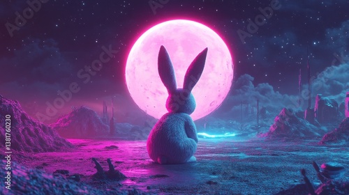 Obraz na płótnie Cyberpunk Easter: 3D Sci-Fi Bunny Gazing at a Luminous Pink Supermoon Landscape w salonie