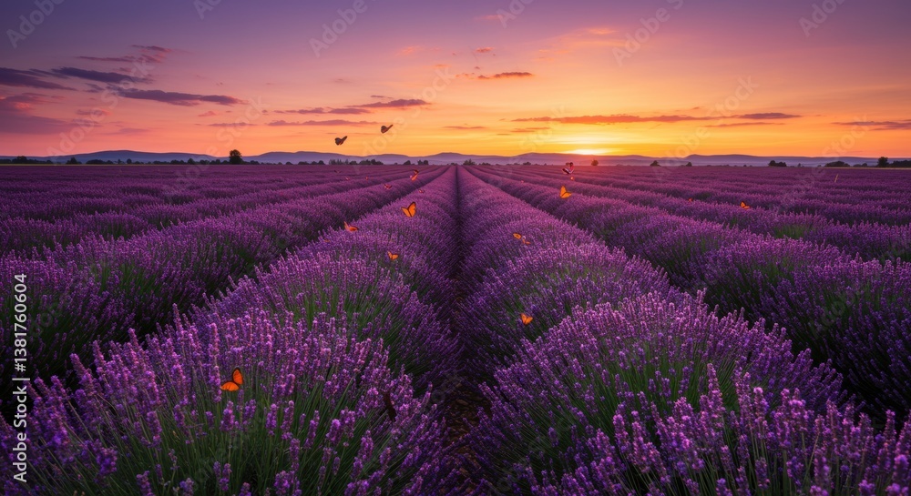 Obraz premium A tranquil lavender field bathed in a vibrant sunset, with rows of purple blooms dancing in the breeze and butterflies flitting gracefully through the blossoms.