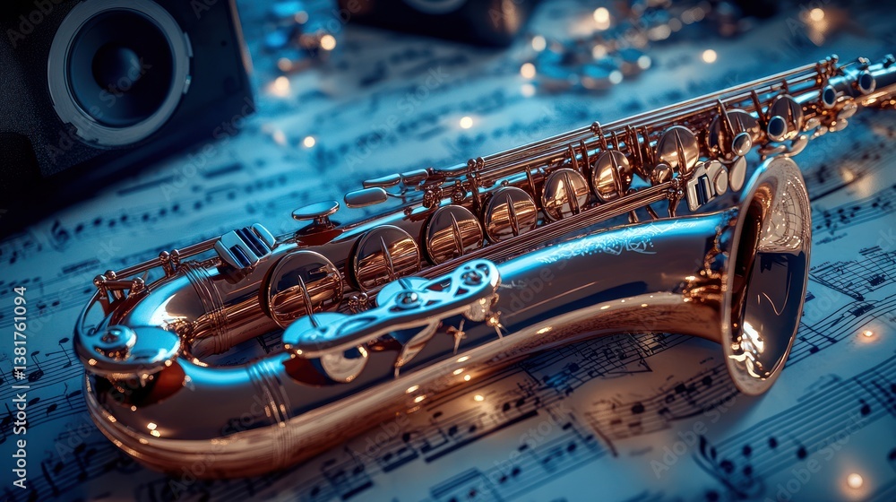 Obraz premium Saxophone rests on sheet music near speakers, ambient lights